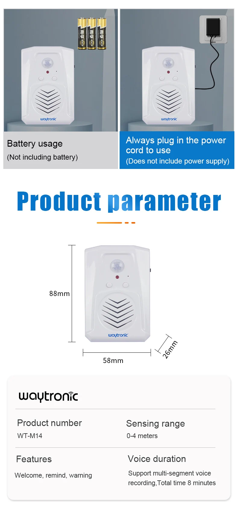 Waytronic Motion Activated Voice Player - Recordable, Built-in Microphone – Independent Living, Point of Sale Advertising