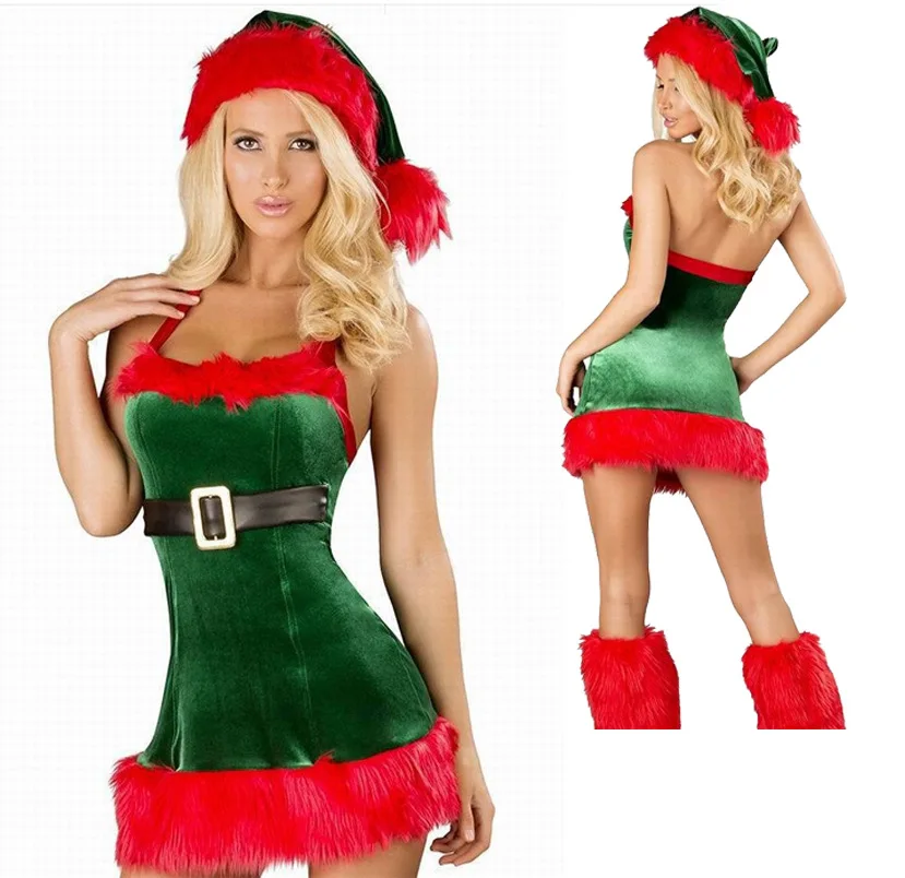 Christmas Women's Velvet Feathered Sling Dress Green Red White Santa Claus Costume Cosplay Dress With Velvet Hat,leg Protector