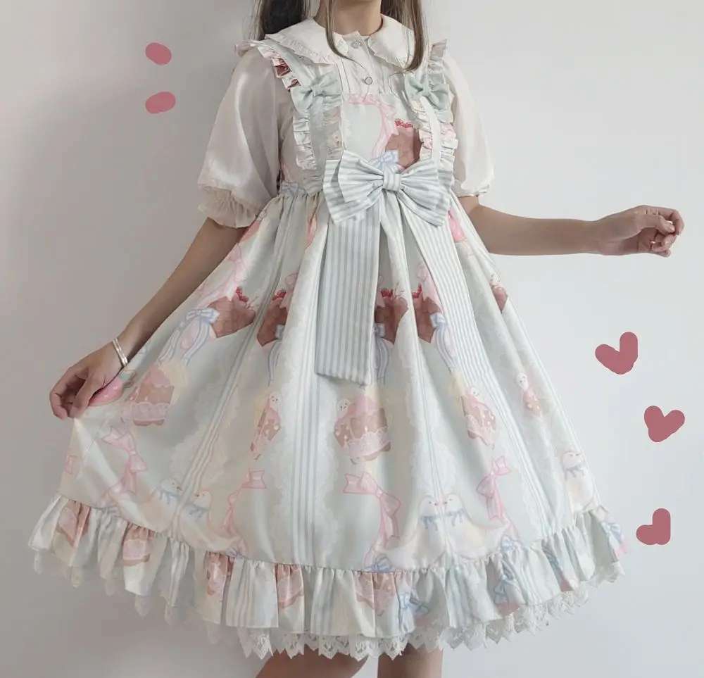 Estilo japonés Kawaii Lolita Jsk Drsss mujeres lindo estampado de dibujos animados encaje arco princesa vestidos niñas dulce fiesta Mini vestidos