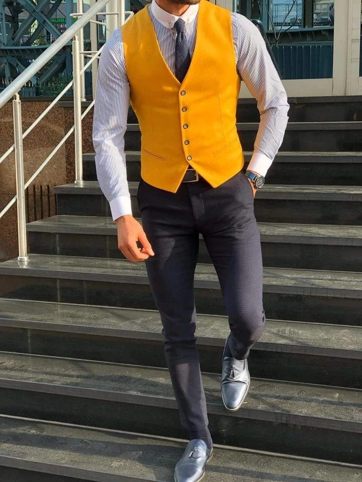 Men\'s Suit Vest Yellow Tweed Business Waistcoat Jacket V Neck Formal Casual For Wedding Groomman Male Man Suit Vests