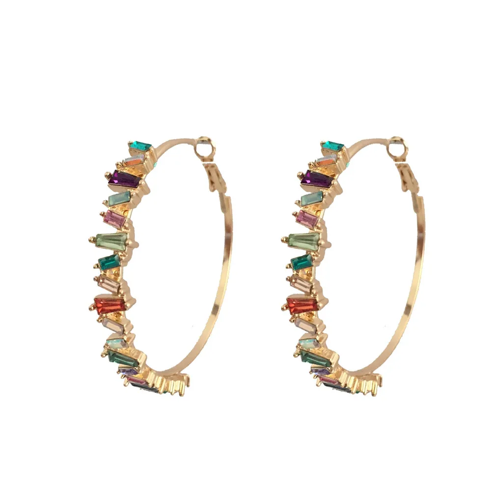 New Arrival Gold color Multi Color Baguette Rhinestone Statement Hoop Eearrings for Women Party  Box Packing Accessory Gift