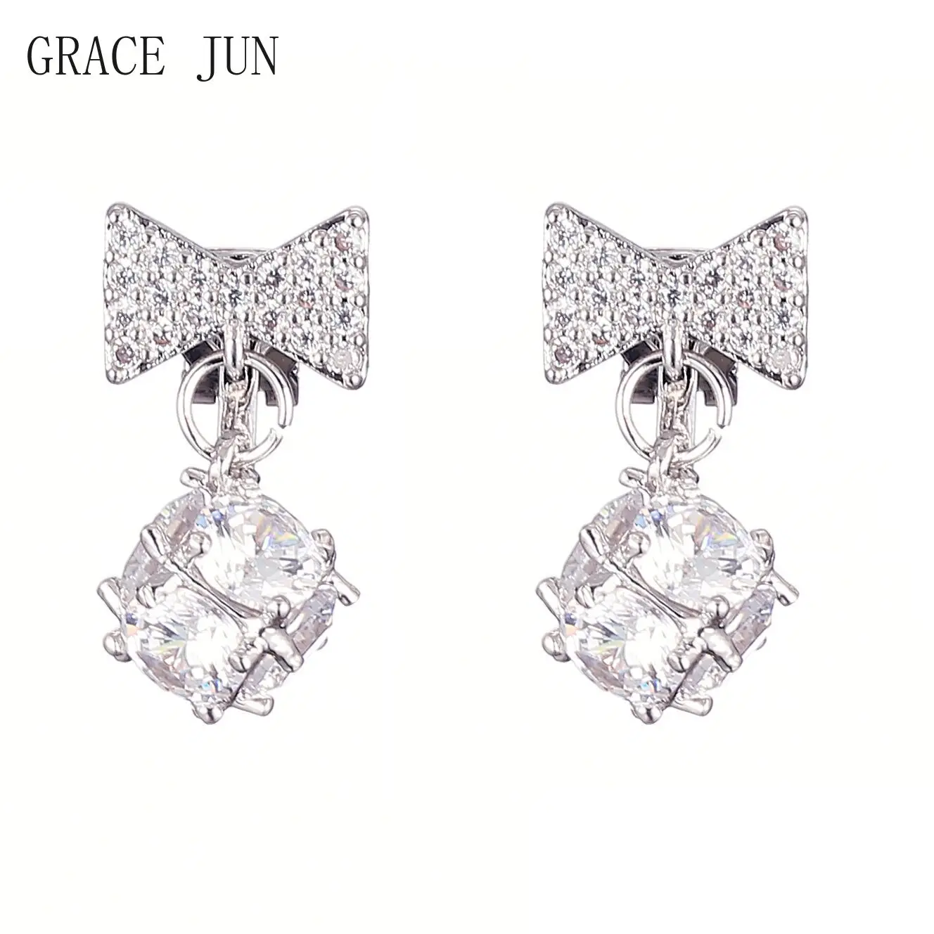 

GRACE JUN Top Quality Cubic Zircon Bow-knot Ball Shape Clip on Earrings No Pierced Luxury Fashion Bridal Wedding Cuff Earrings