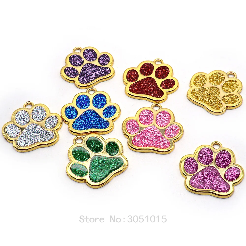 Wholesale 20Pcs Golden Personalized Dog ID Tags Engraved Cat Dog Puppy Pet ID Name Tag Pendant Pet Accessories Paw Glitter plate