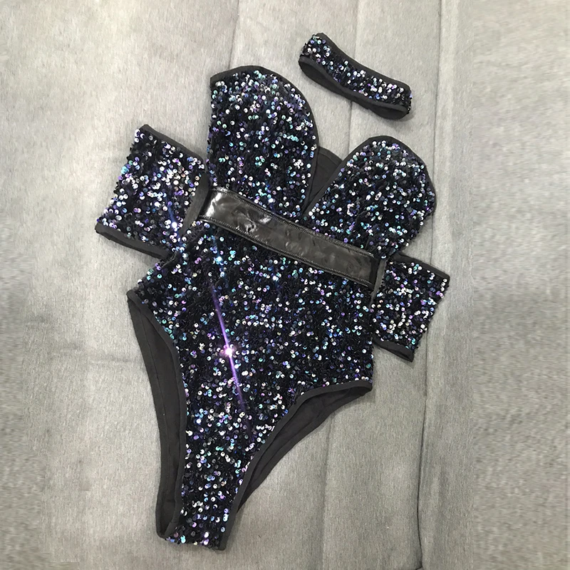 Glitter Stage Performance Costumes, Dark Green Sequined Sparkle Dance Bodysuit Sexy V-neck One-piece Party Jumpsuit