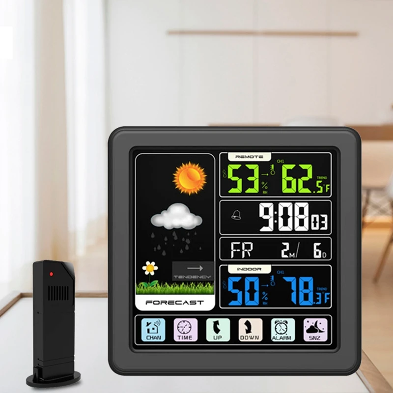 Wireless Weather Station Indoor Outdoor Digital Touch LCD Display Temperature Humidity Monitor Alarm Clock Weather Forecast