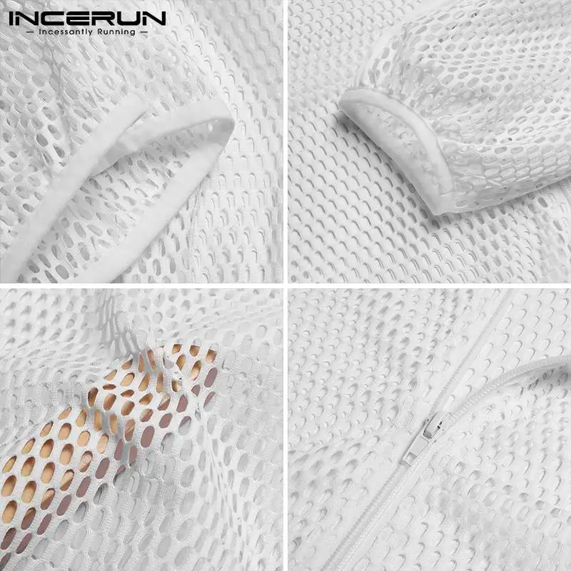 INCERUN 2024 Men Mesh Crop Tops Hooded Solid Color See Through Sexy Casual T Shirt Workout Outerwear Zipper Streetwear Camisetas