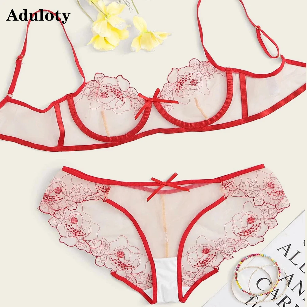 

Sexy Bra Set Embroidery flowers perspective Lace Mesh Oversized lingerie Underwear Set Women Bralette Transparent Bra Panty Set