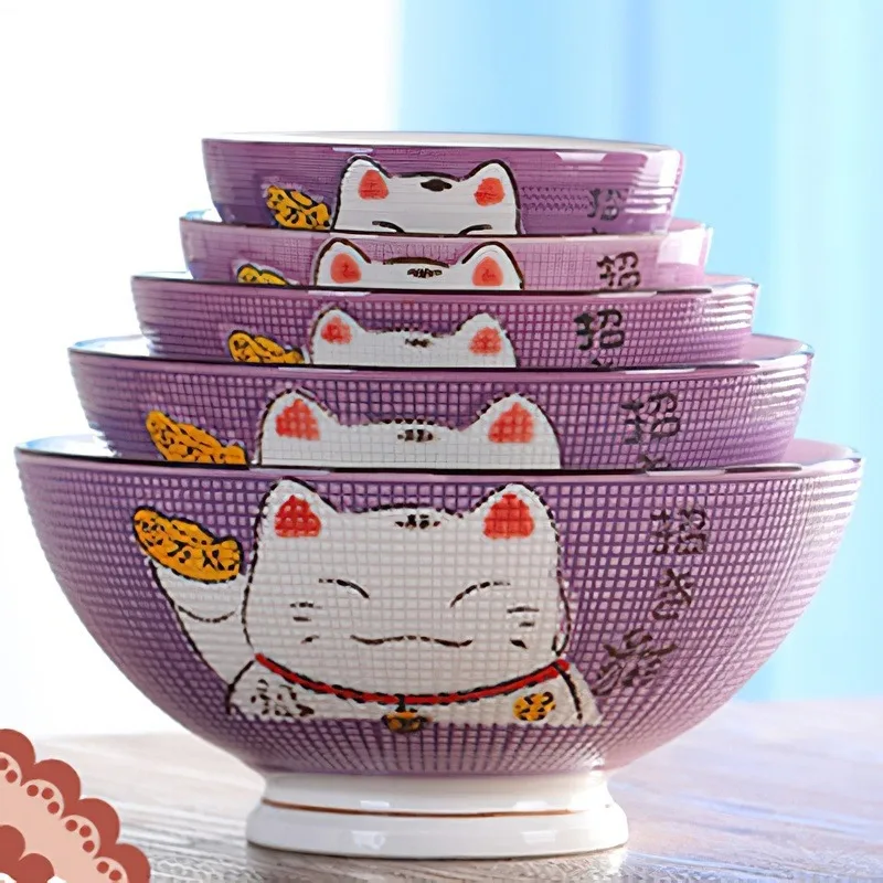 1pcs Ceramic High Bowl Japanese Colorful Lucky Cat Soup Bowl Underglaze Dinnerware Household Kitchen Supplies Children Tableware