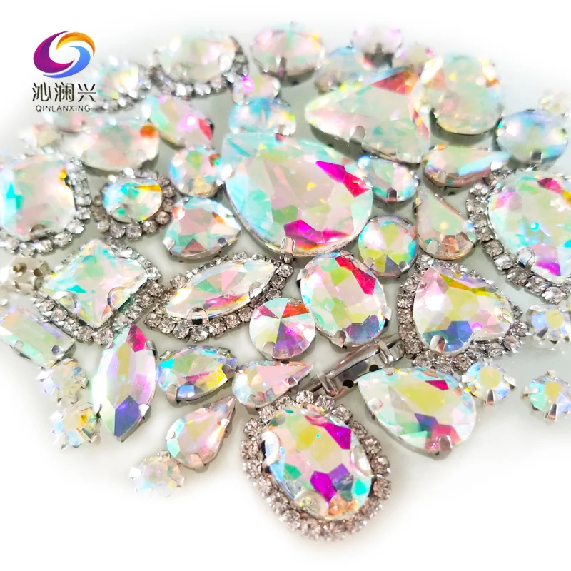 Mix Shape 50Pcs AB Color Crystal Buckle Glass Rhinestones, Silver Base, Sewing Accessories, Used for Needlework