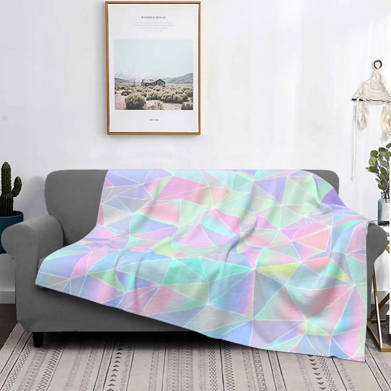 Holographic Low Poly Pattern Air Conditioning Blanket Travel Portable Blanket Holographic Hologram Low Poly Iridescent Gradient