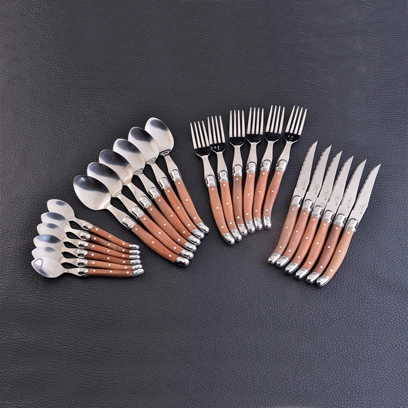 24pcs Laguiole Tableware set Wood Handle Korean Dinnerware Stainless steel 6 Steak Knives 6 Forks 6 Spoon 6 Teaspoon Cutlery