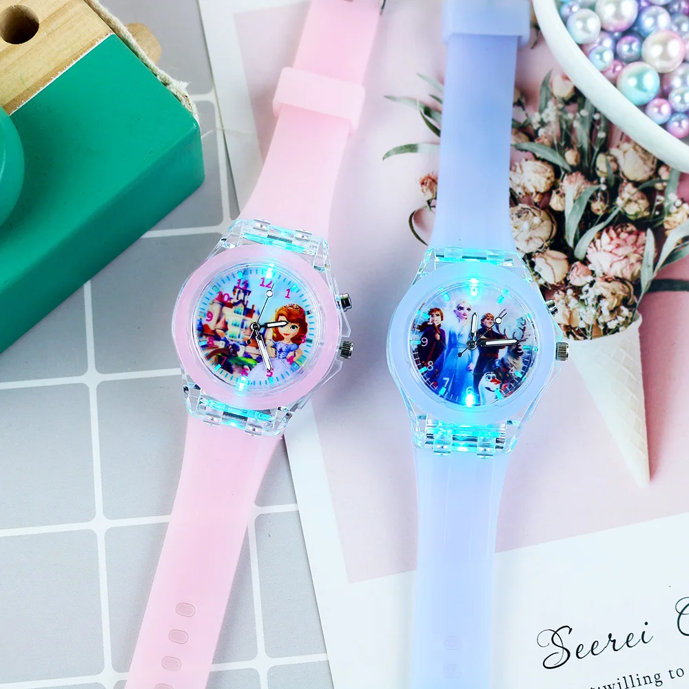 Flash Light Children Watches with Bracelet Silicone Strap Princess Elsa Frozen Sophia Girls Watch Student Clock reloj infantil