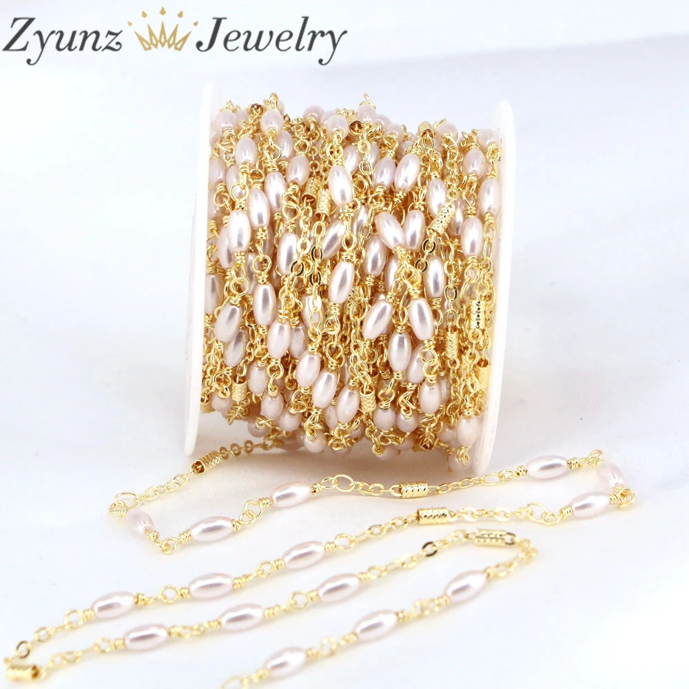 5 Meters, Gold plated copper brass, Pearl Shell, Brass wire, Necklace making, Rosary chain, Beads chain, Link Chain