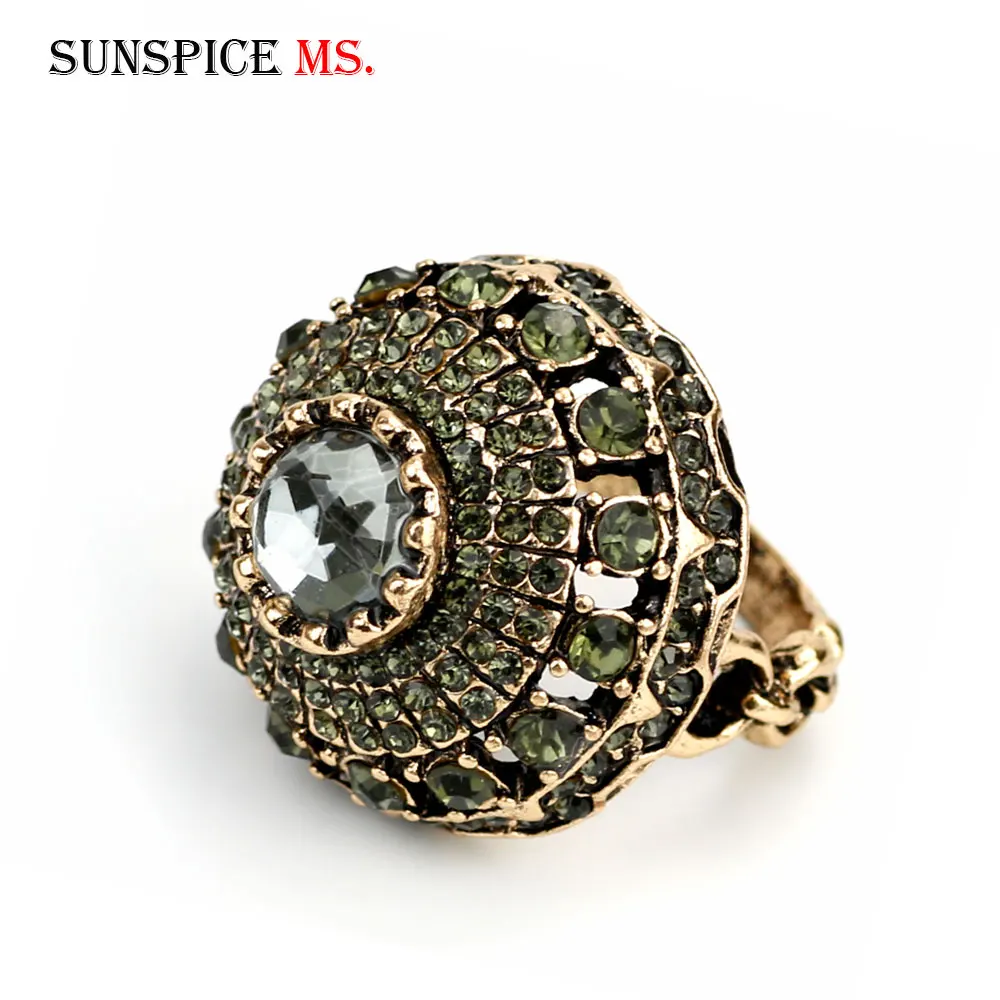 Sunspicems Gray Crystal Turkish Ball Ring Female Retro Vintage Party Jewelry Antique Gold Color Arabic Women Bijoux