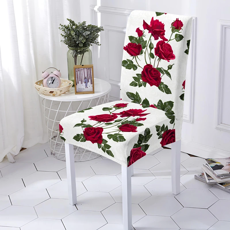 Rose Printed Stretch Chair Cover For Dining Room Office Banquet Chairs Protector Elastic Material Armless Seat Covers