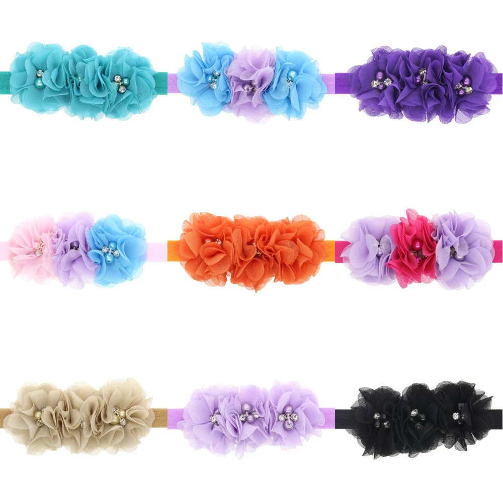 baby headband flower headwear Pearl Diamond Chiffon Flowers accessory baby headbands elastic hair band girls hair accessories