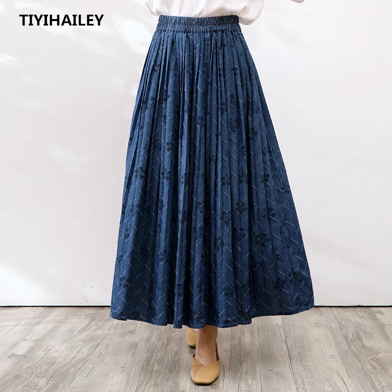 

TIYIHAILEY Free Shipping 2021 Long Maxi A-line Skirts Women Elastic Waist Spring And Summer Denim Jeans Flower Skirt Lady Skirts