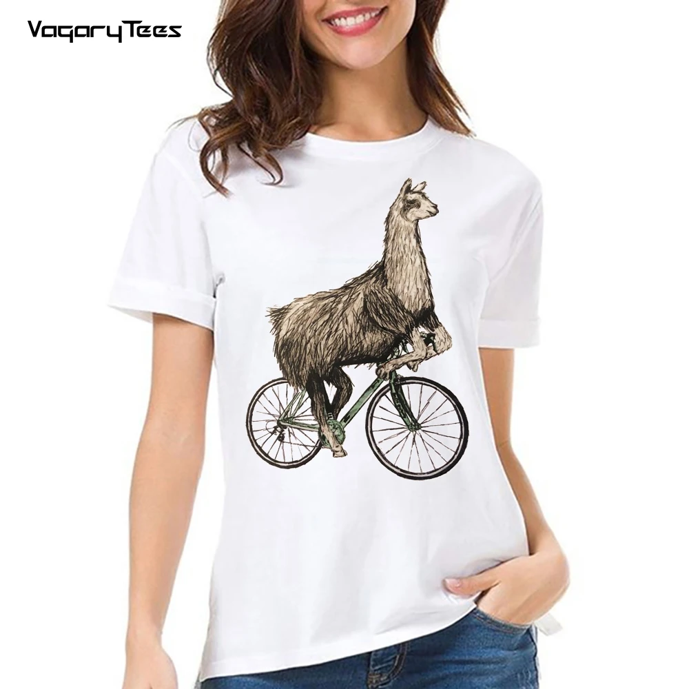 Retro Llama Riding Fixed Gear Bikes Print Women's T-Shirt Funny Animal Lovers Bicycles sports Design Casual Hip Hop girl Tees