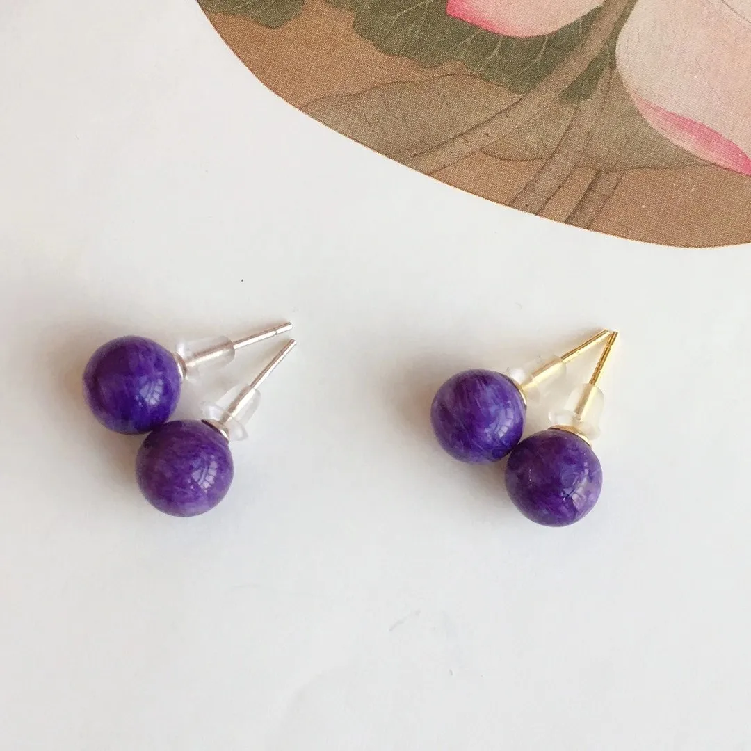 Natural Charoite Stud Earrings Sterling 925 Silver Gemstone  Jewelry for Woman Lady Wedding Party Gift