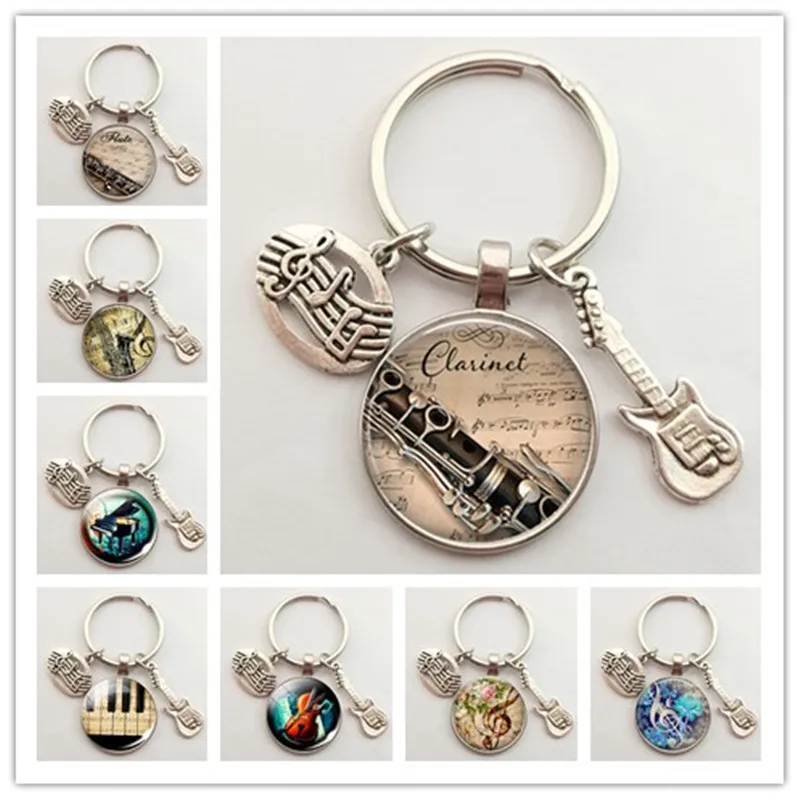 

Musical Instrument Clarinet Guitar Flute Violin Music Key Chain Pendant Music Note Keychain Key Rings Music Glass Dome Jewelry