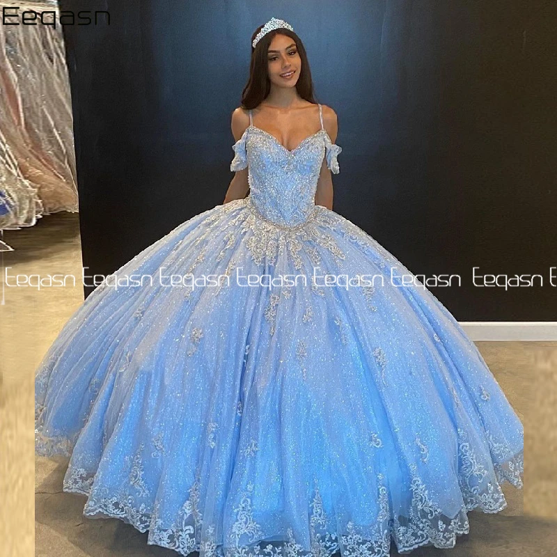 Robe bleue à lacets pour filles, 16 pièces, en dentelle scintillante, robe de bal de 15 ans, personnalisée