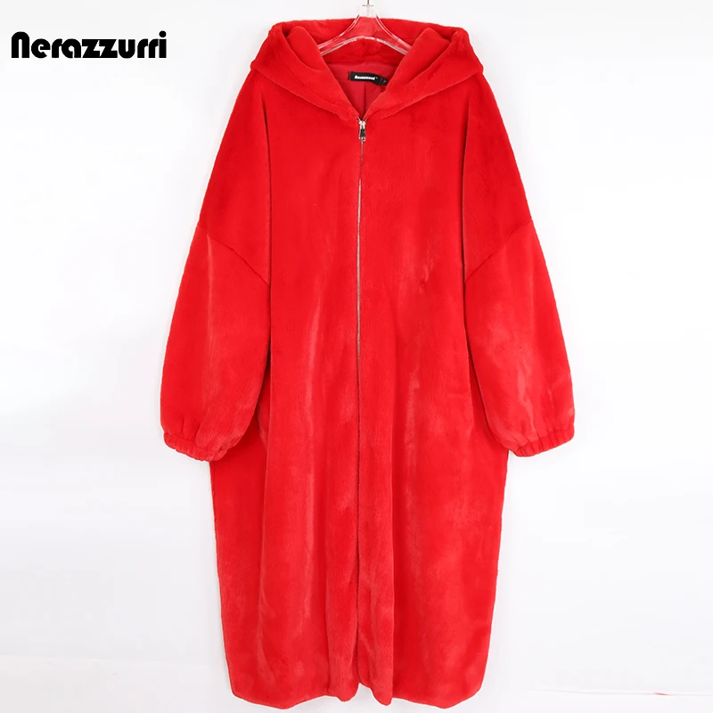 Nerazzurri Winter Long Oversized Red Warm Fluffy Faux Fur Coat Women Bat Sleeve Zipper Hood Loose Casual Korean Fashion 2021