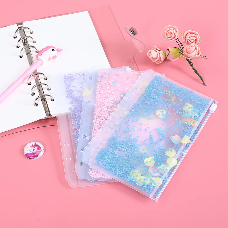 A5 A6 Glitter Sequins Binder Inner Pocket Cute 6 Holes Loose Leaf Zipper Bag Kawaii Notebook Journal Planner Inner Storage Pouch