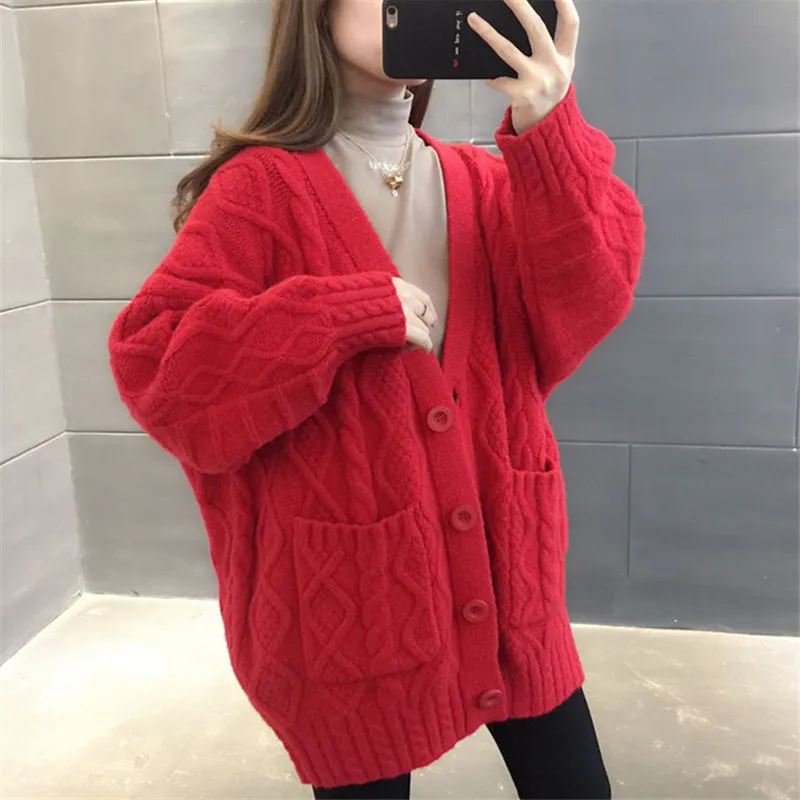 Autumn Winter Thick Warm Loose Long Cardigan Sweater Women Big Pocket Long Sleeve Knit Jacket Coat 6 Color Knitted Tops Female