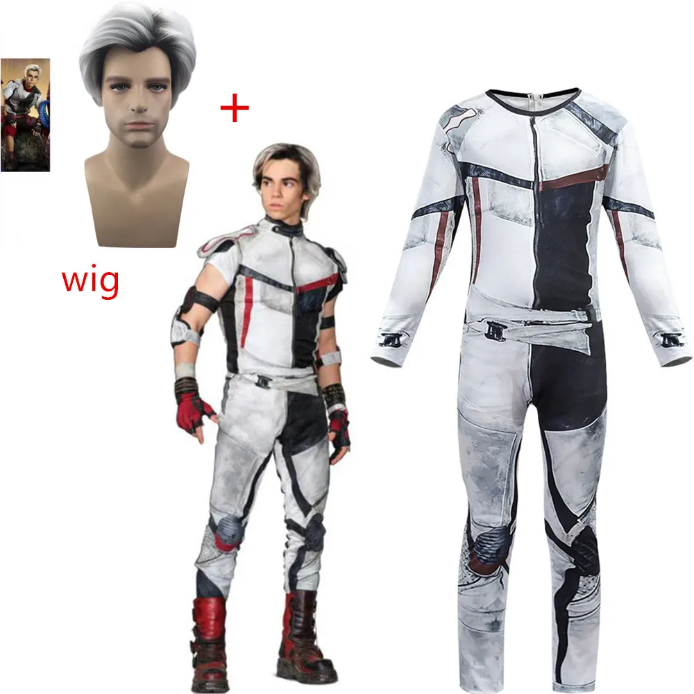 Descendants 3 Halloween Costume for Kids Carlos Cosplay Carnival Party Clothes 3D Jumpsuits+Gradient Black Grey Color Short Wigs