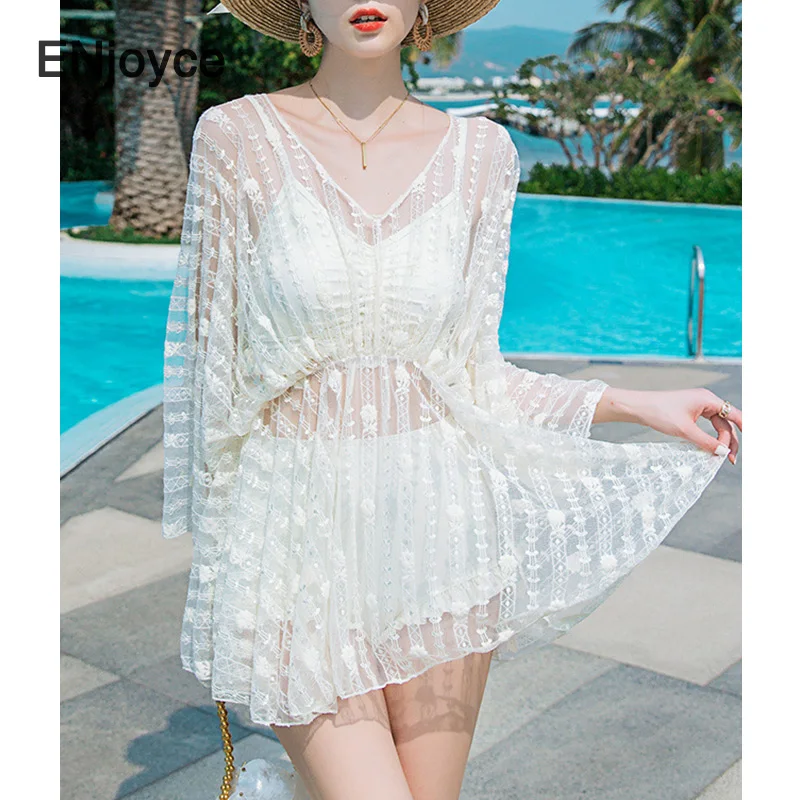 Summer Sexy Bikini White Three Piece Set Swimdress Cover Up Swimsuit Women Swimwear Swimming Bathing Suit See Through Beach Wear