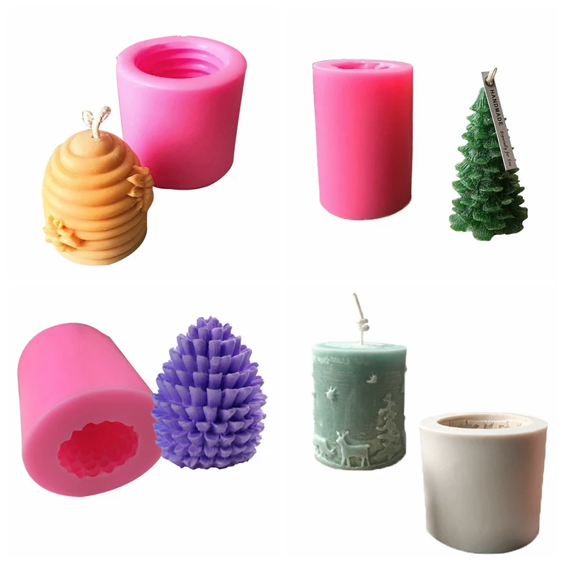 4 Pieces Pack 3D Silicone Mold Silicone Candle Mold Christmas Tree Mold Pine Cone Mold Honeybee Mold Elk Candle Mold