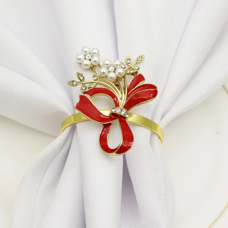 10pcs/lot Simple golden napkin ring red bow pearl napkin button hotel restaurant cloth ring metal napkin ring