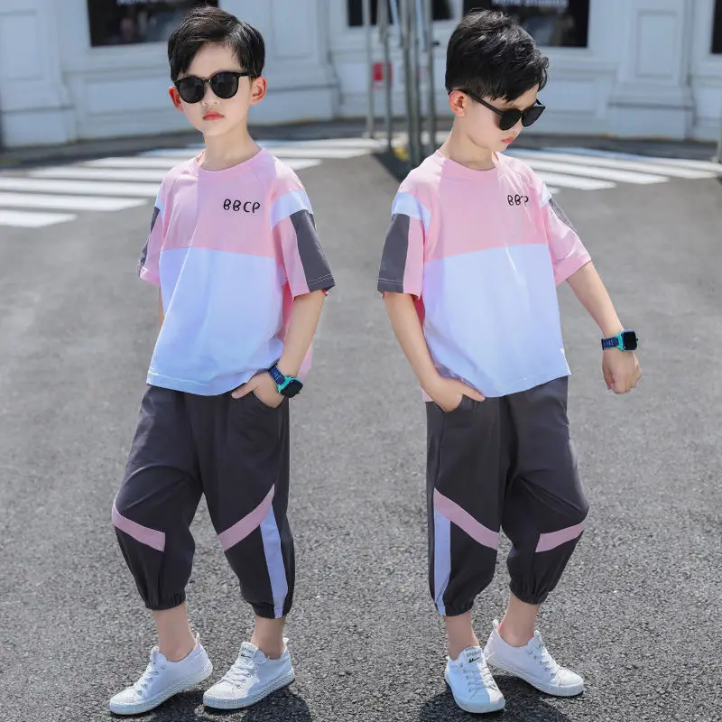 5-16T Boys Clothes Summer Sport Clothing Set 2021 New Fashion O-Neck Patchwork Two Pieces Suit For Children Teens High Quality