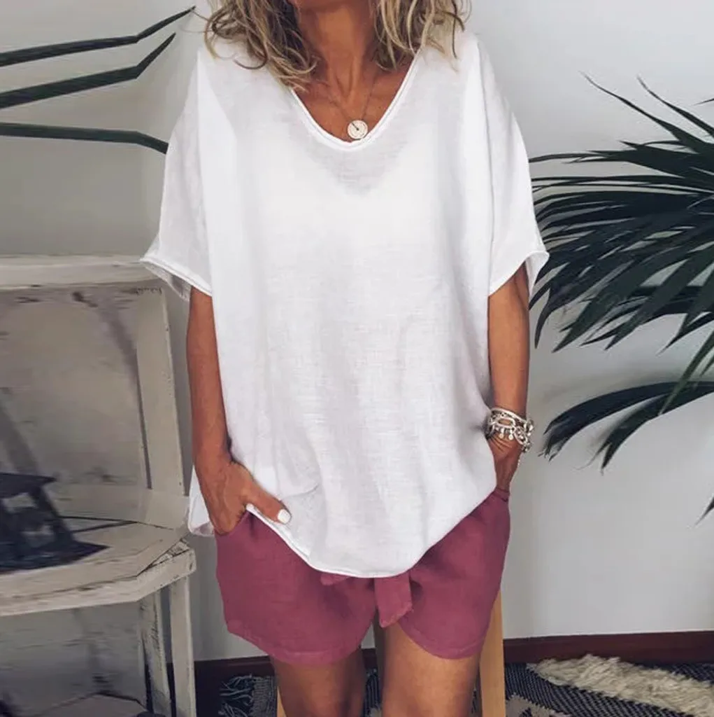 Plus Size Gray Linen Tops Solid Color Loose Casual Blusas Short Sleeve Round Neck Top Femme Women Summer Clothes S-5xl