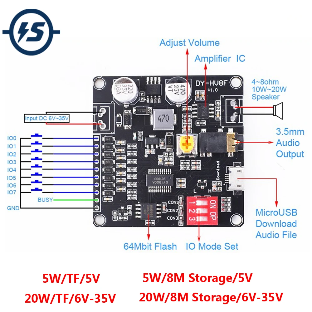 MP3 Voice Playback Module For Arduino Music Player UART I/O Trigger Amplifier Class D 5W/20W 8M Flash DC 5V/ 6V-35V DIY Gift