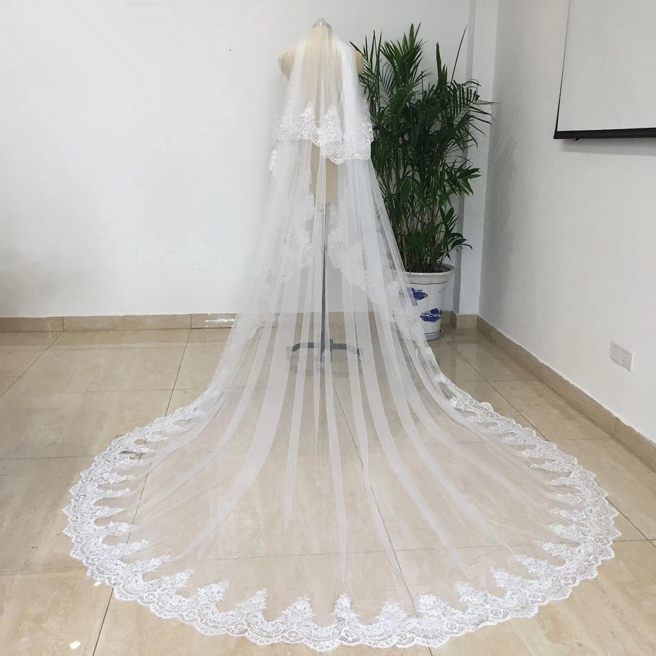 White Ivory 2 Layers Sequins Lace 5 Meters Cathedral Wedding Veils with Comb 4M Long 2 T Bridal Veils Wedding Accessories