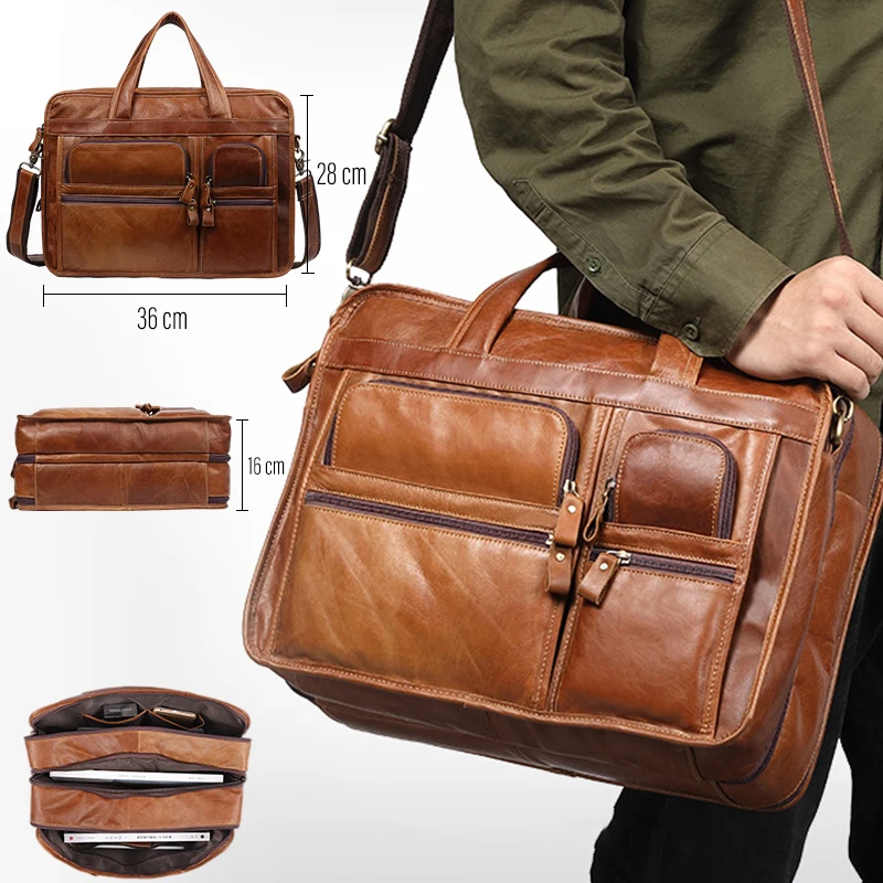 Laptop Shoulder Bags Large Men Genuine Leather Handbag Fashion Men\'s Functional Office Travel Messenger Bags Male 15.6 Inch