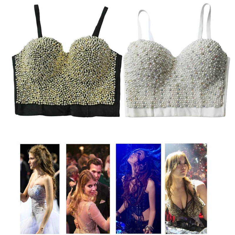 

Women Sexy Imitation Pearls Beaded Bustier Bra Colored Diamond Rhinestone Push Up Corset Camisole Night Club Bralette Rave