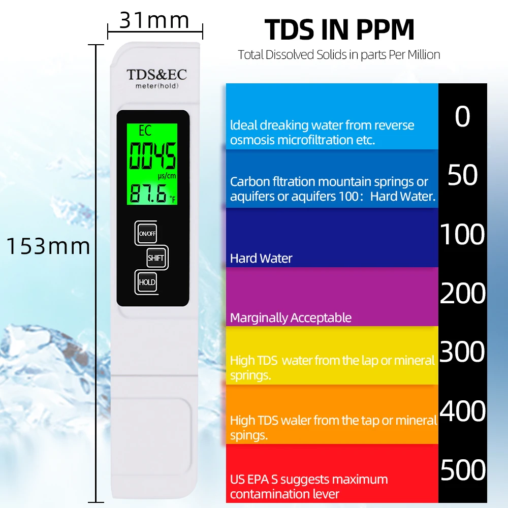 TDS&EC Tester 3 In1 TDS/Temp/EC Meter  0-9990ppm Conductivity Detector Water Quality Monitor Purity Measure Tool for Pool 40%OFF