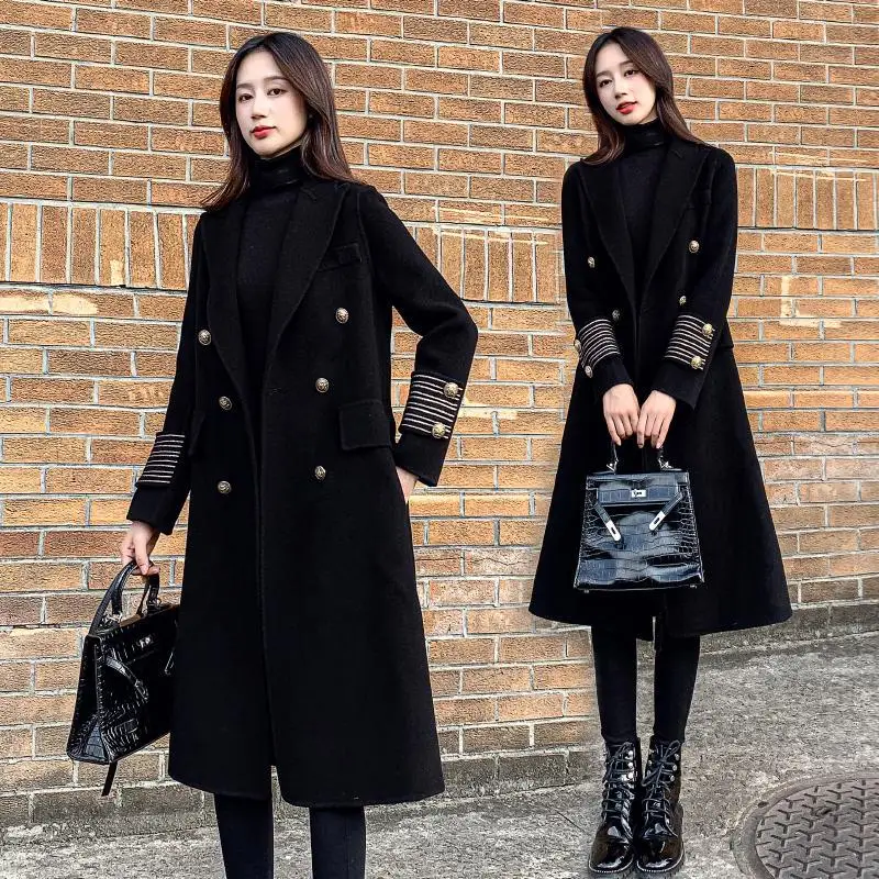 Women\'s Black Woolen Coat 2022 Female Mid-length Autumn Winter New Wool Jacket Temperament Wind Woolen Cloth Overcoat B