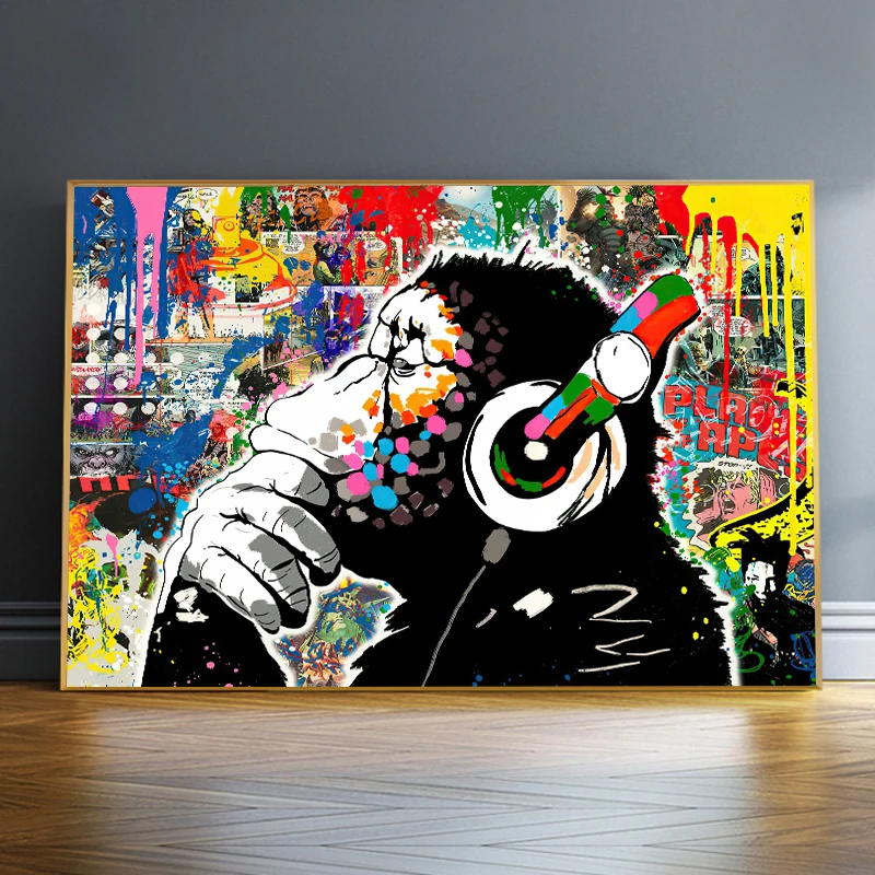 

Monkey Oil Paintings on Canvas Modern Street Art Colorful Baboon Listen To Music Posters and Print Home Wall Decorative Pictures