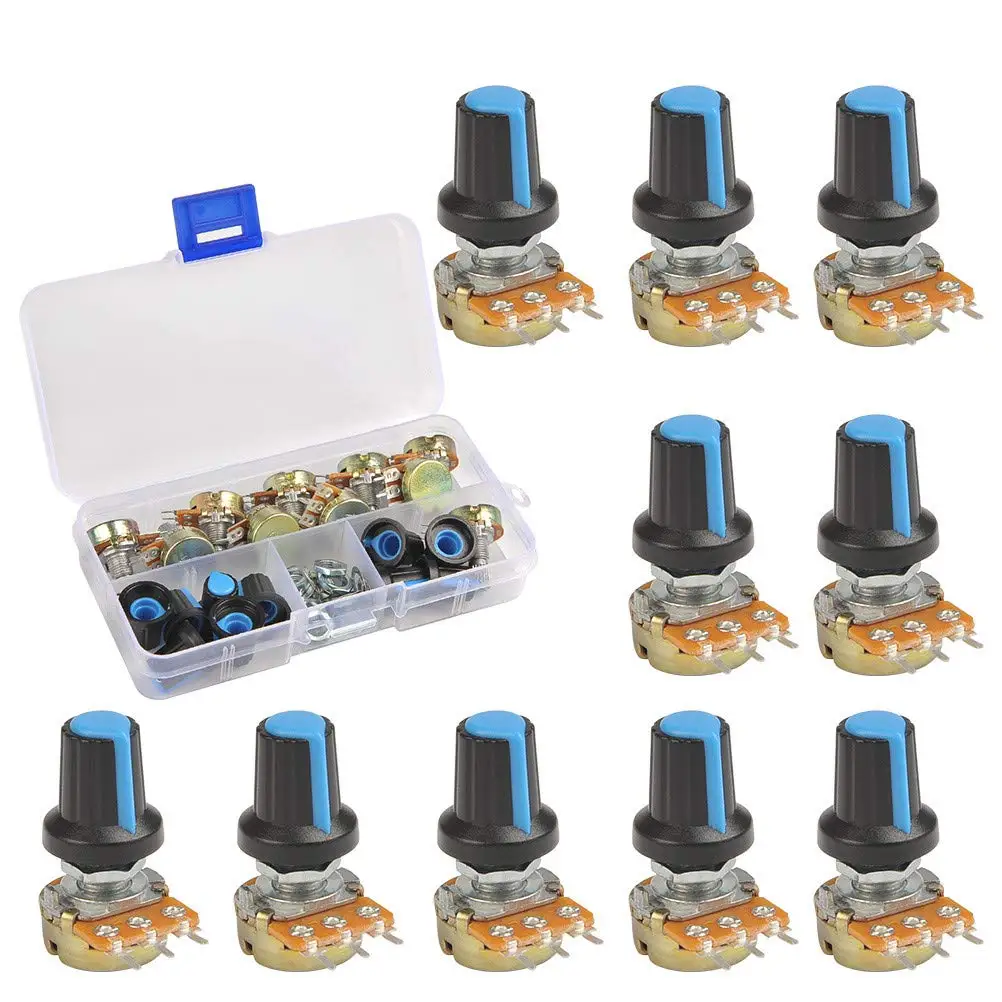 

10pcs WH148 Potentiometer 10 value + Knobs ,15mm 3pin Potentiometer kit B1K B2K B5K B10K B20K B50K B100K B250K B500K B1M