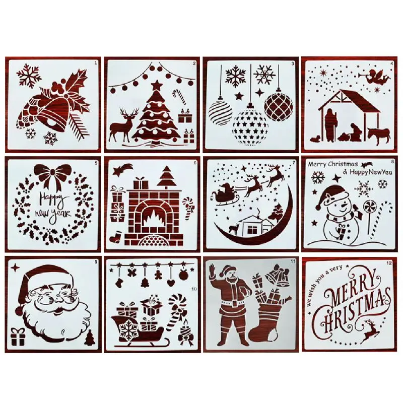 12 Pieces Christmas Stencils Template Reusable Plastic Craft for Art Drawing Painting Spraying Window Glass Door Car Bod