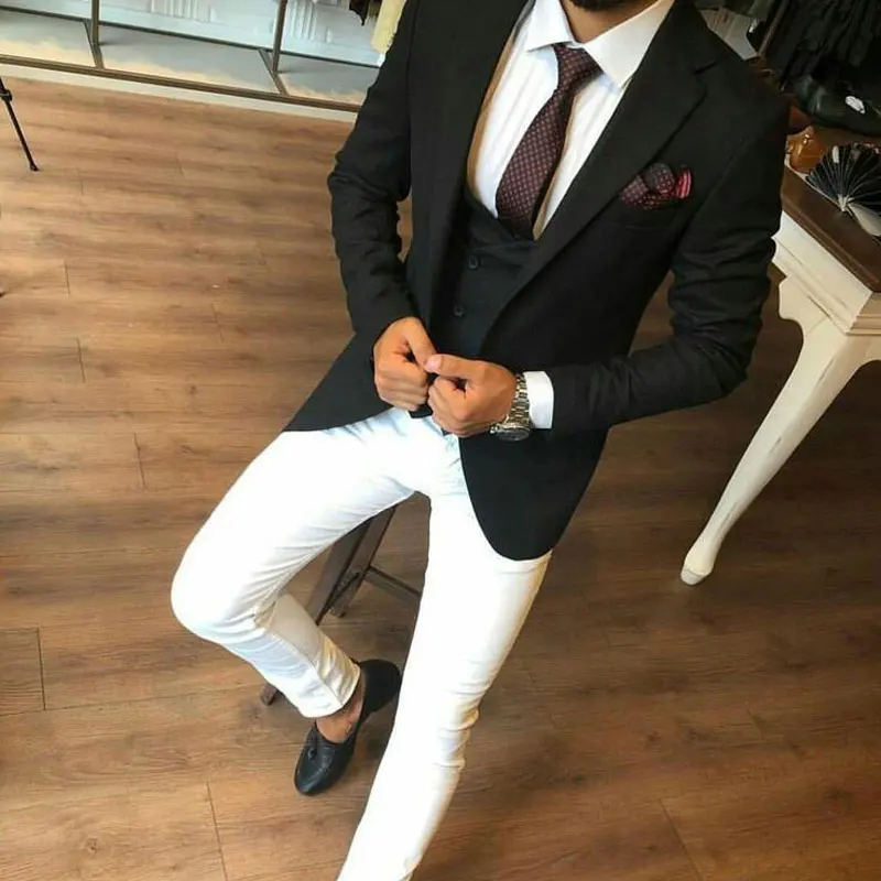 

2021 New Arrival 3 Piece Casual Business Party Suits For Men Groom Tuxedo Black Men Suits White Pant Wedding Best Man Blazer