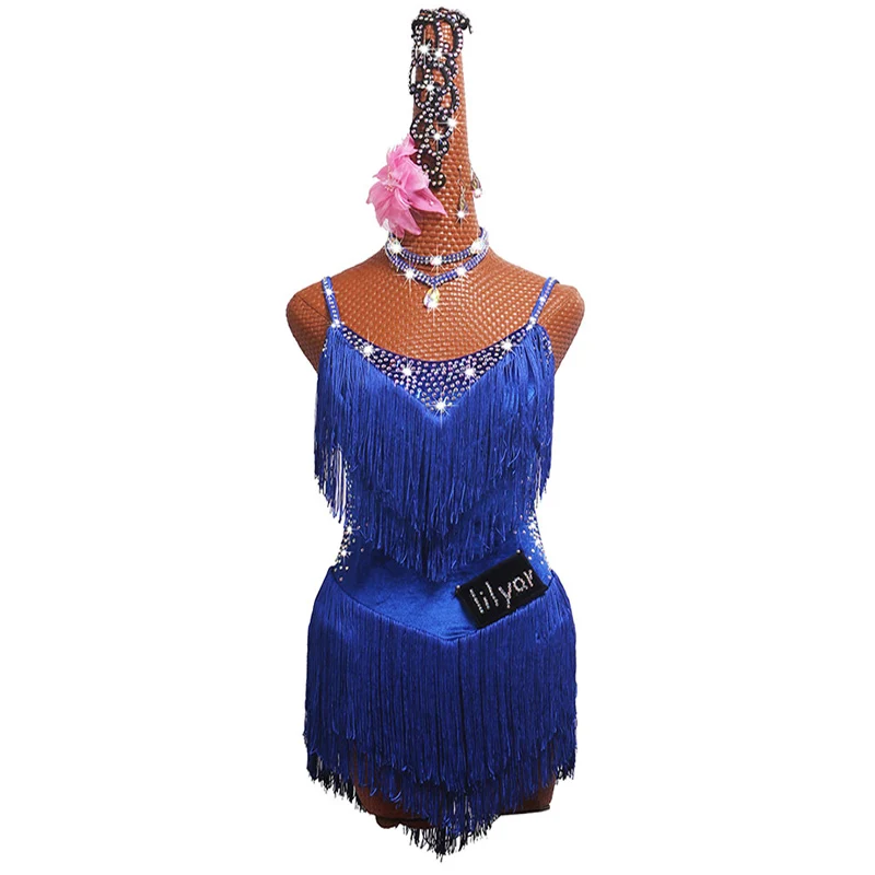 New Latin Dance Dress Competition Dress pole Costumes Skirt Performing Dress Adult Customize Children Royal blue fringed skirts