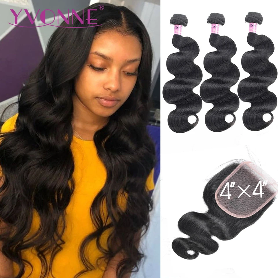 Yvonne Body Wave Bundles with Closure Brazilian Virgin Hair Weave 3 Bundles With Closure 4x4