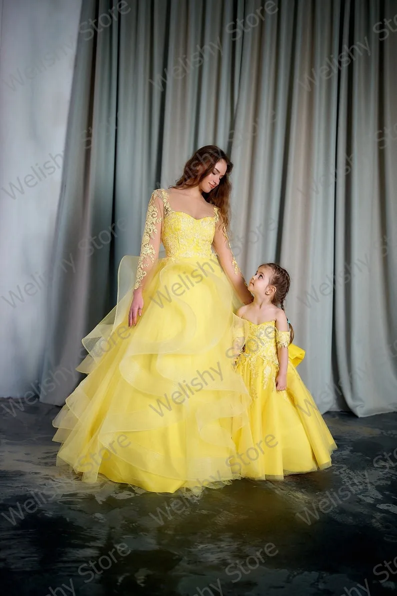 High End Yellow A-line Lace Tulle Dress For Women & Girls Puffy Ruffled Birthday Party Tulle Kids Dresses Mother & Daughter