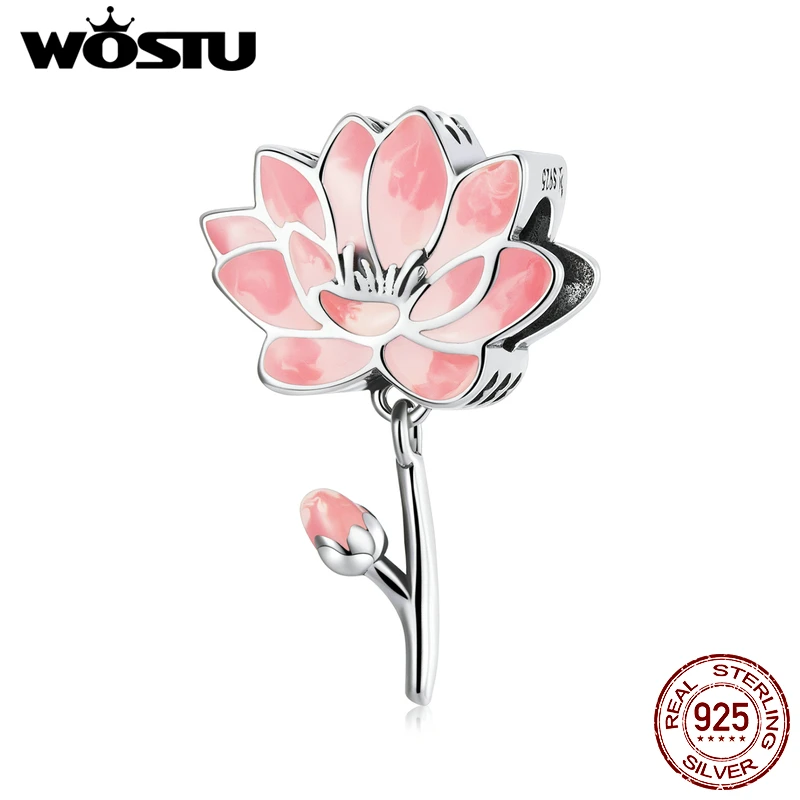 WOSTU 925 Sterling Silver Pink Flower Fresh Lotus Charm Bead Pendant Fit Original Bracelet Necklace For Women Jewelry CQC2157