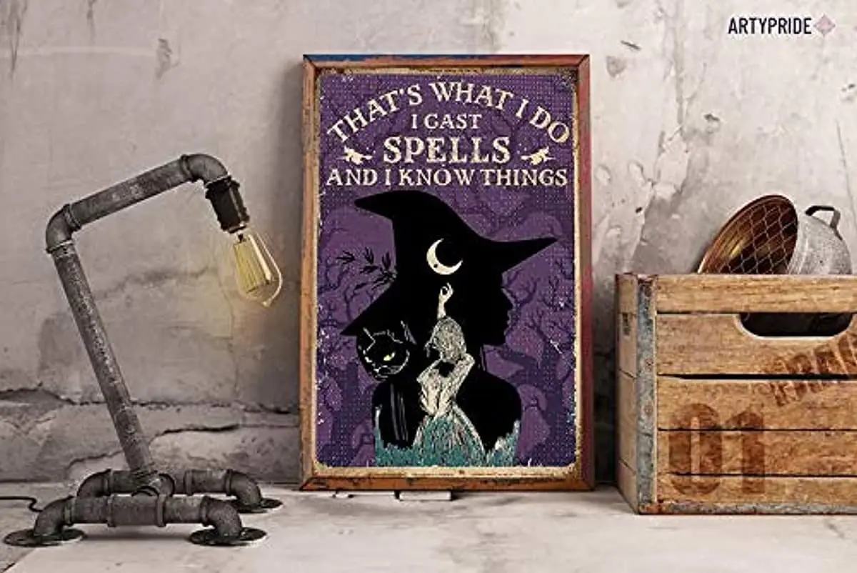 Vintage Tin Signs for Garage That's What I Do I Cast Spell and I Know Things Metal Sign Black Cat Print & Wicked Witch Halloween