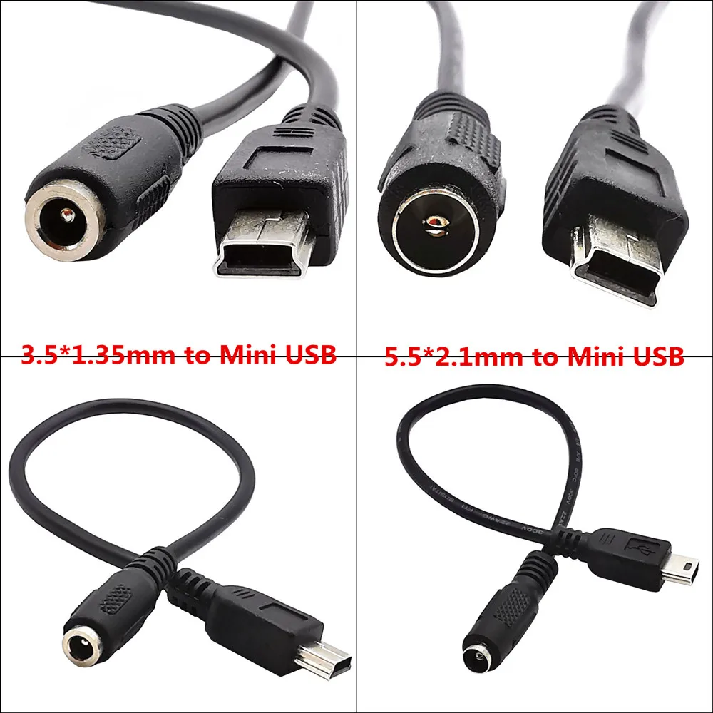 3A DC Power Jack Female to Mini USB 5 Pin Male 3.5mm x1.35mm / 5.5mm*2.1mm to Mini USB Cable 20cm Black for MP3 Camera